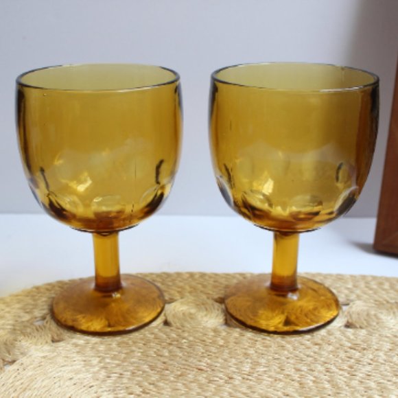 Mid Century Amber Goblets, Set Of 2 Glasses